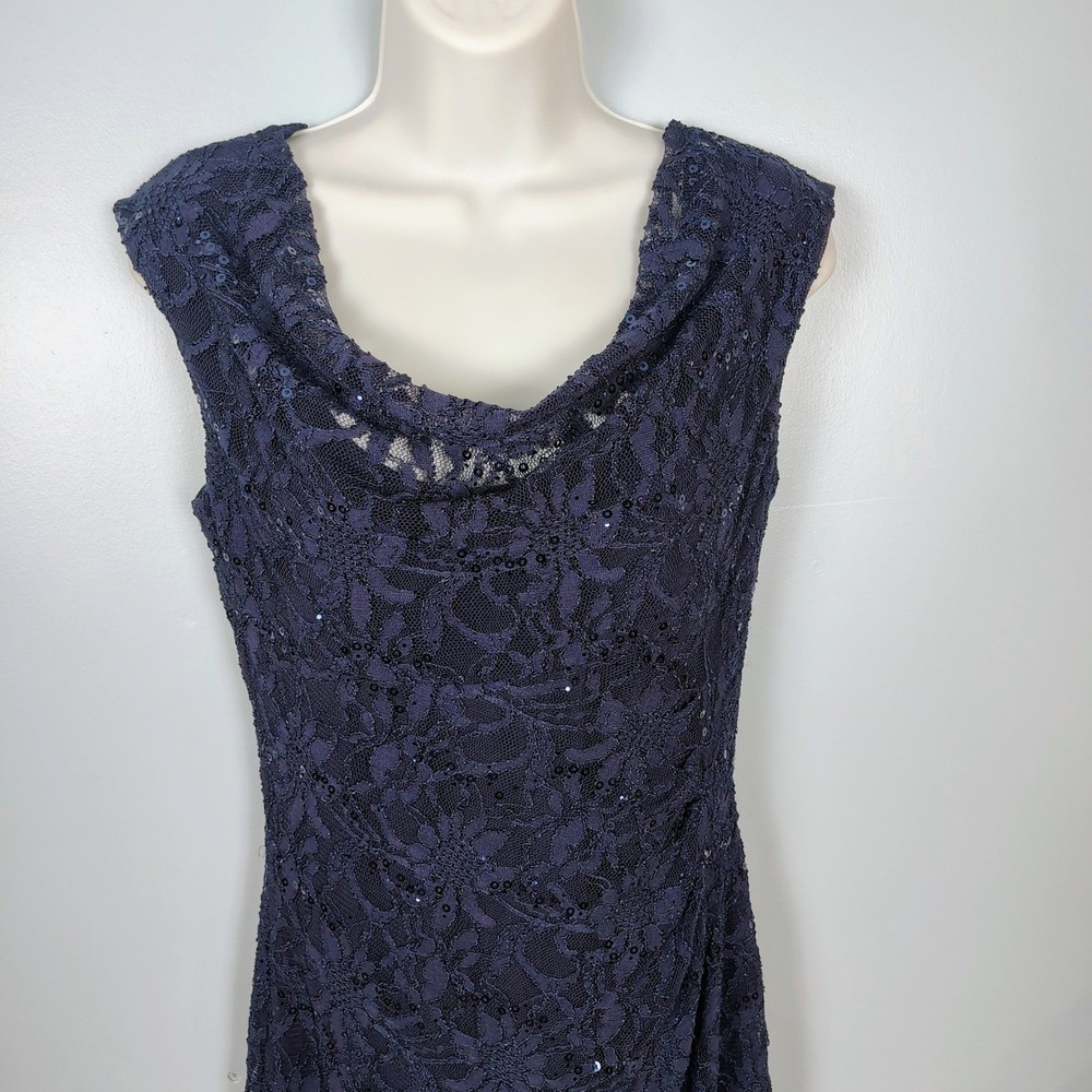 Lauren Ralph Lauren Navy Blue Sequin Floral Lace Cowl Neck Dress Womens 8 party - Picture 6 of 13